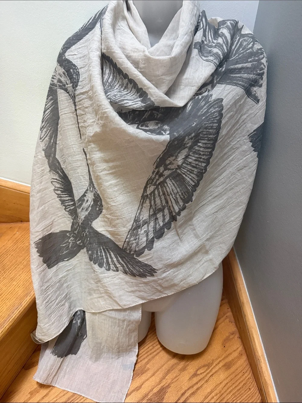 LOOK Bird Hummingbird Print Scarf Lightweight 100% Cotton Natural Neutral